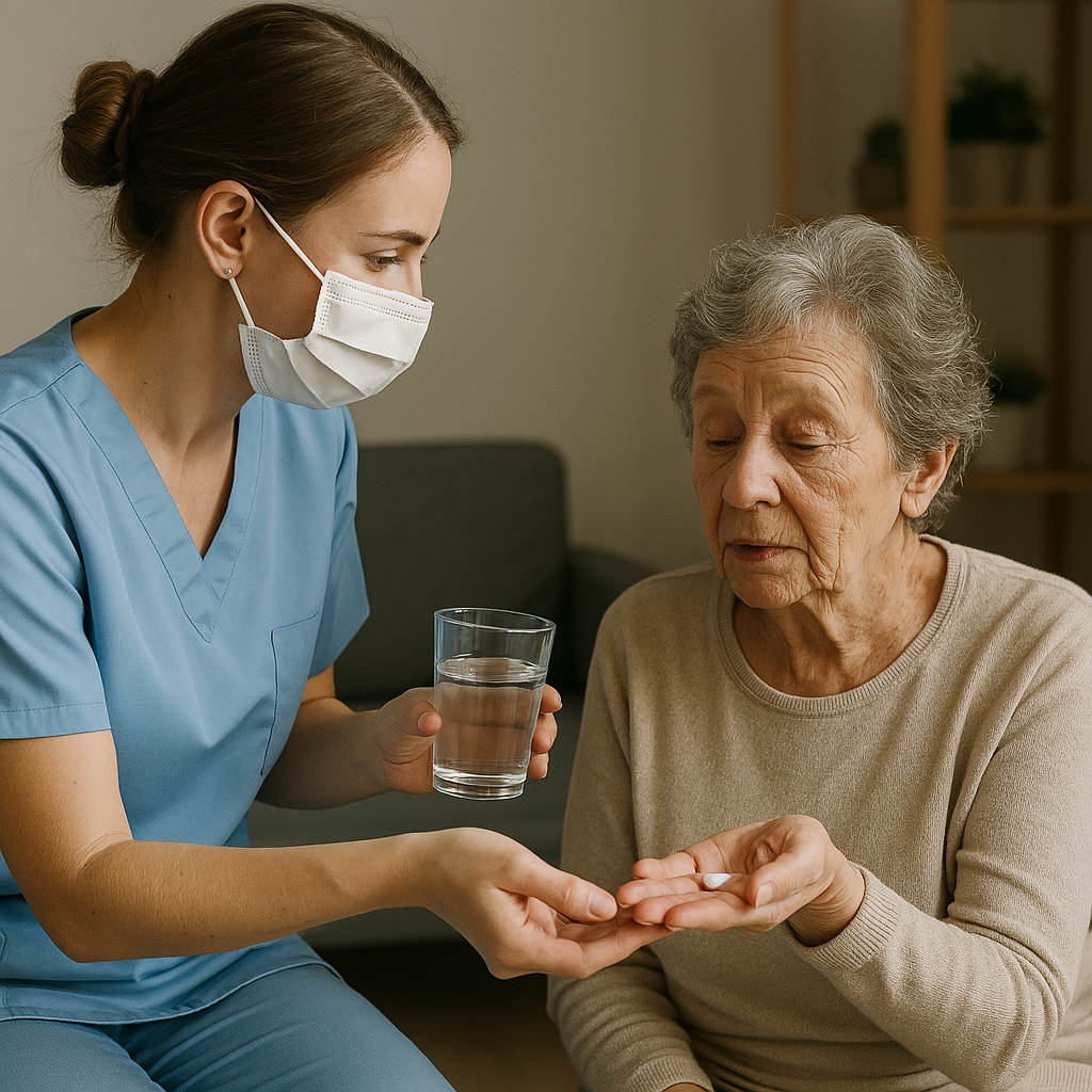 aide-soignante aidant à la prise de médicaments